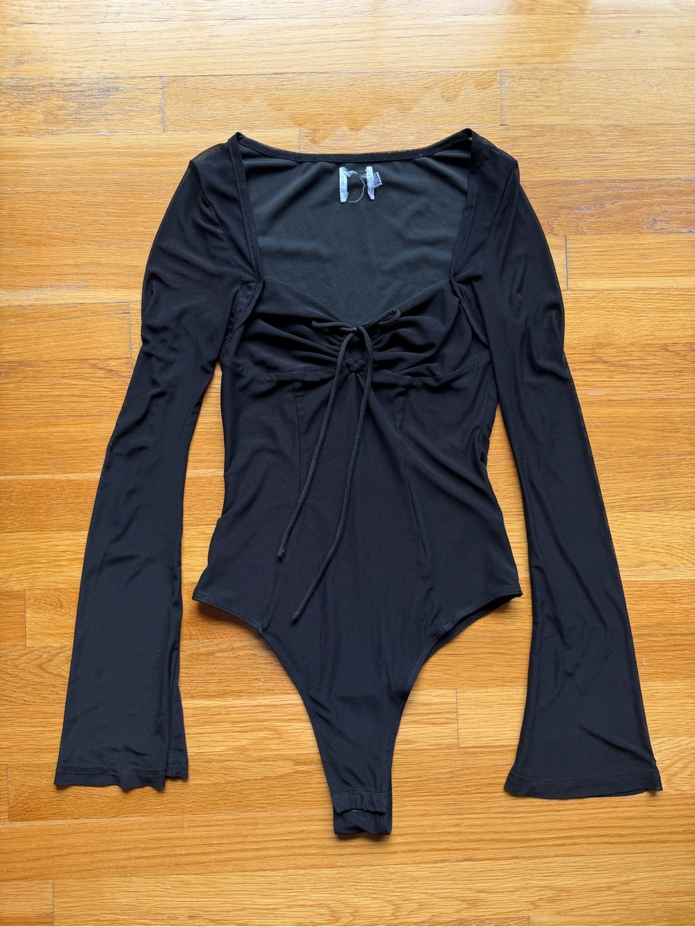 Princess Polly Black Ruched Tie Front Long Sleeve Bodysuit - Size 4